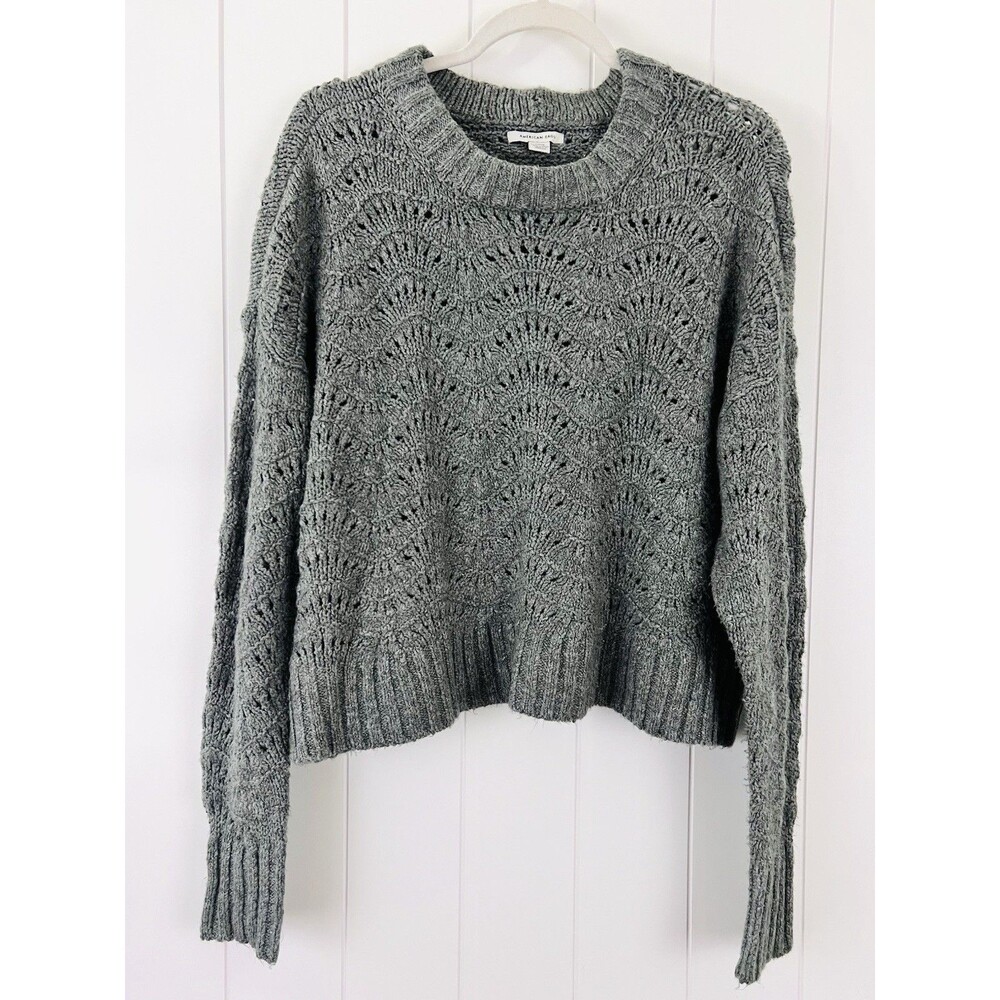 American Eagle Charcoal Gray Thick Knit Cropped Oversize Sweater Y2K Womens Med